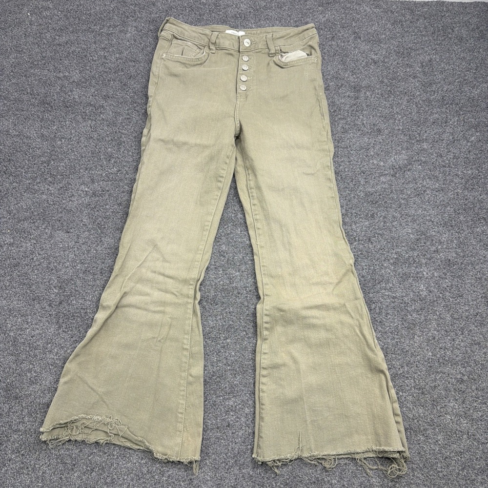 Forever 21 Flare Jeans Womens Size 29 Olive Green Button Fly Frayed Raw Hem Boho